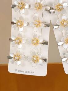 8pcs Girls Solid Color Flower & Pearl Hair Clips, Minimalist Side Bangs Clips, Cute & Versatile Hair Accessories For Daily Use - White - View 7
