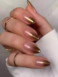 24pcs Medium Oval Ombre Pink French Style Artificial Nails, Glossy Fake Nails Manicure - Gold - View 2