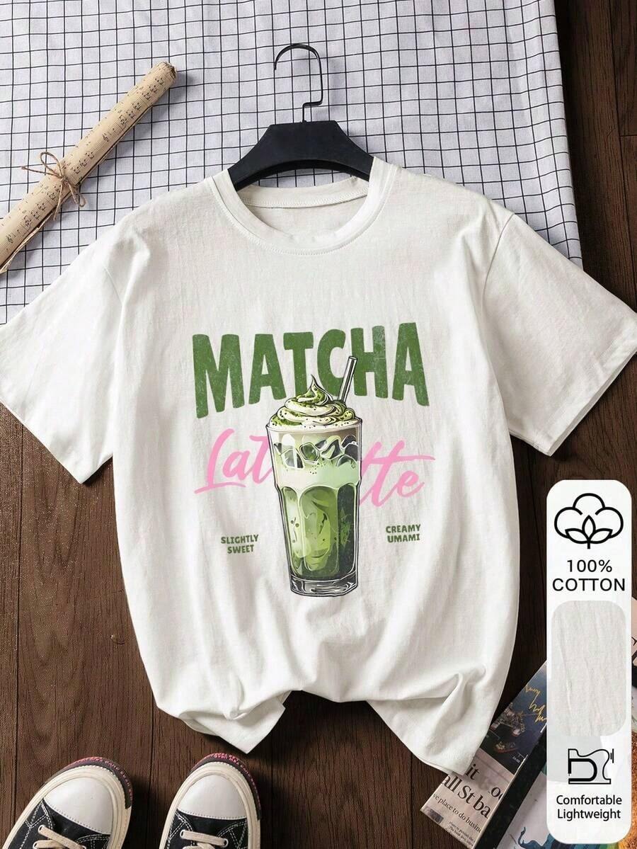 Matcha Personalizado Imprimir 100% Algodón Corto Manga Informal Tee, Gráfico Tee, Al aire libre Desgaste, Impreso Patrón, Verano Camiseta Mujeres Camiseta Superior, Verano Blusa Vacaciones Conjunto de ropa Playa Estilo, Minimalista Resort Ropa Vintage Calle Estilo Suelto Algodón Corto Manga Tripulación Cuello Camiseta - Blanco - Ver 1