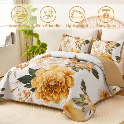 3 Pieces Reversible Botanical Plant Coverlet Set, Elegant Aqua Floral Pattern Comforter And Sheet Set, Yellow Leaves Bed In A Bag Comforter Set Full,Queen, King Size Floral Soft Microfiber Complete Bedding Sets For All Seasons, Home Bed Room Decor, Easter Gifts, Mothers Day Gift, Labor Day Gift, Graduation Season, Wedding Season, Graduation Gifts, Wedding Gifts, Valentines Day