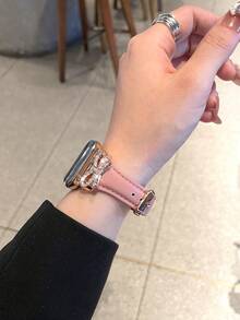 1件女款/男款玫瑰金鑲嵌人造鋯石金屬蝴蝶結與粉色皮革錶帶，兼容 38/40/41/42/44/45/46/49mm，兼容 Series 11/10/9/8/7/6/5/4/3/2/1/Ultra/SE，適用腕圍 5.5 至 8 英寸，透氣材質，全天舒適，時尚高端智能手錶配件 - 粉色 - 查看 5