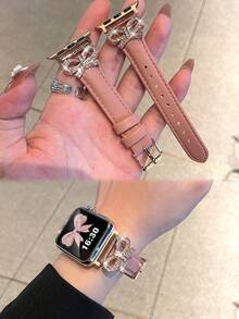 1件女款/男款玫瑰金鑲嵌人造鋯石金屬蝴蝶結與粉色皮革錶帶，兼容 38/40/41/42/44/45/46/49mm，兼容 Series 11/10/9/8/7/6/5/4/3/2/1/Ultra/SE，適用腕圍 5.5 至 8 英寸，透氣材質，全天舒適，時尚高端智能手錶配件 - 粉色 - 查看 2