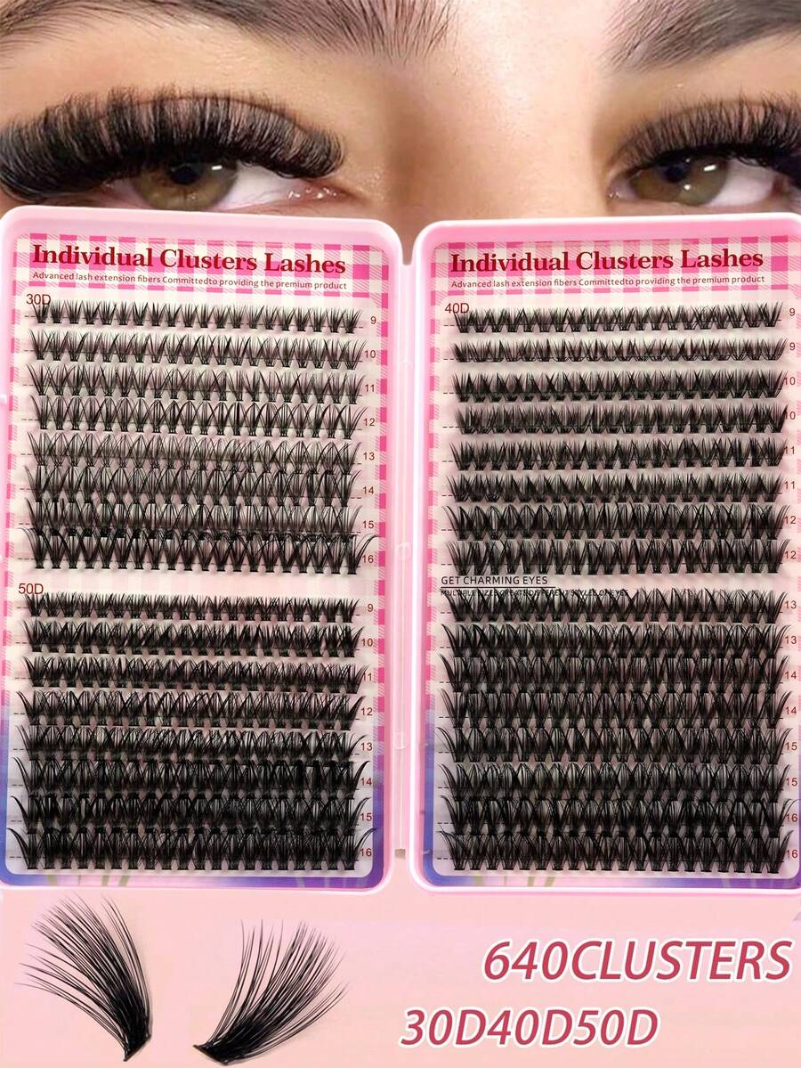 640pcs D-Curl Cluster False Eyelashes Extension Set, 10-16mm Mixed, High Volume Cluster Lashes 10D 20D Mixed Strands, D-Curl Curled Eyelash Extension, Fluffy Natural Look Lash Extension, Suitable For Daily Wear, Easy To Use Cluster Lashes, Individual Lashes - D - View 1