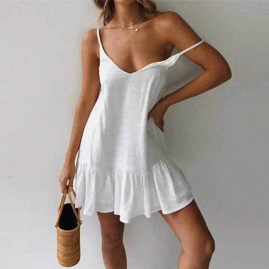 Vestido de mujer Sexy con tirantes finos y volantes vestido de verano 2025 Vestidos de lino y algodón Vestidos verdes con hombros descubiertos Mini vestido veraniego Sexy - Blanco - Ver 1