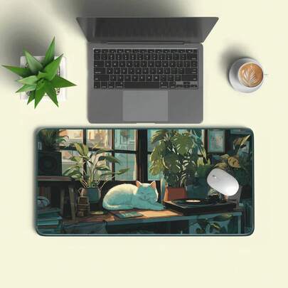 Lofi Anime Cat Desk Mat Gift |   Oversized Mouse Pad |   Relaxed Cozy Teal Scene Pad |   Teal Aesthetic Workplace Decor