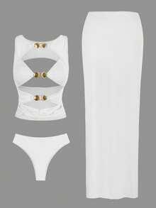 3pcs/Set Women's 2026 Shell Pattern Sleeveless Tankini Swimsuit Set, Hollow Out Bikini Set, Elegant Resort Swimwear, Solid Color Bikini Set - White - View 4