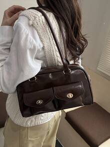 1个简约复古拉链装饰口袋双提手女士日常休闲通勤手提包 - 咖啡棕 - 查看 5