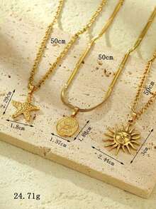 3pcs Stainless Steel Golden Yellow, Stylish And Simple, Starfish, Rose Flower, Sun Face Pendant Necklace Set, Suitable For Daily Wear Or Gift Giving - Vàng 4 - Xem 3