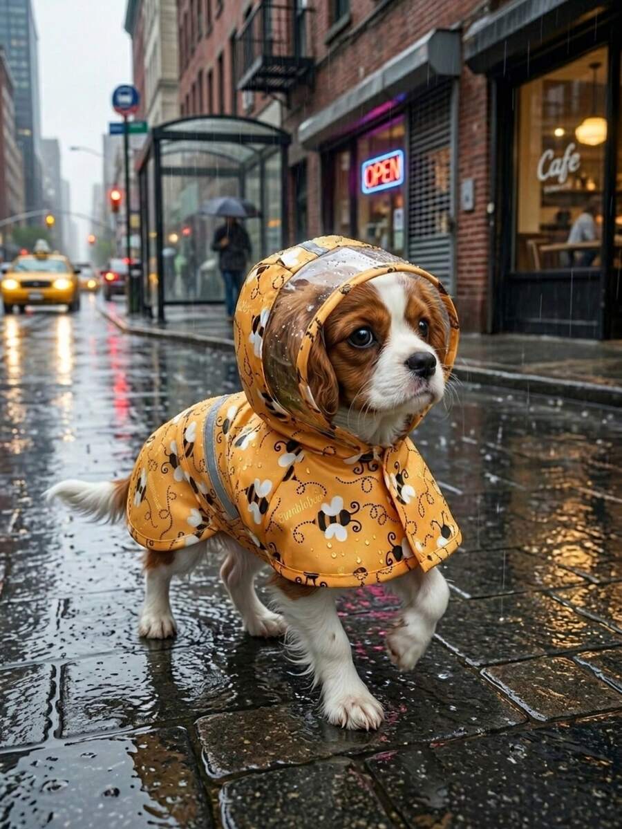 防水寵物狗雨衣附連帽、透明面罩與反光條，可愛鴨子與蜜蜂臘腸狗設計，防水狗衣，便利魔鬼氈開合，適合戶外散步、雨天/雪天、夜晚或低光環境