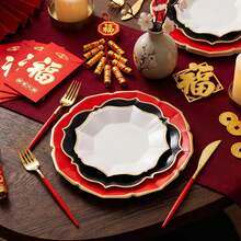 60pcs Chinese New Year Party Tableware Set, Happy Year Of The Rabbit 2026, Disposable Dinnerware, Spring Festival Decor Gift, Suitable For New Year's Eve, Serves 20 Guests (7inch+9inch+10inch) - White, Black and Red - View 2