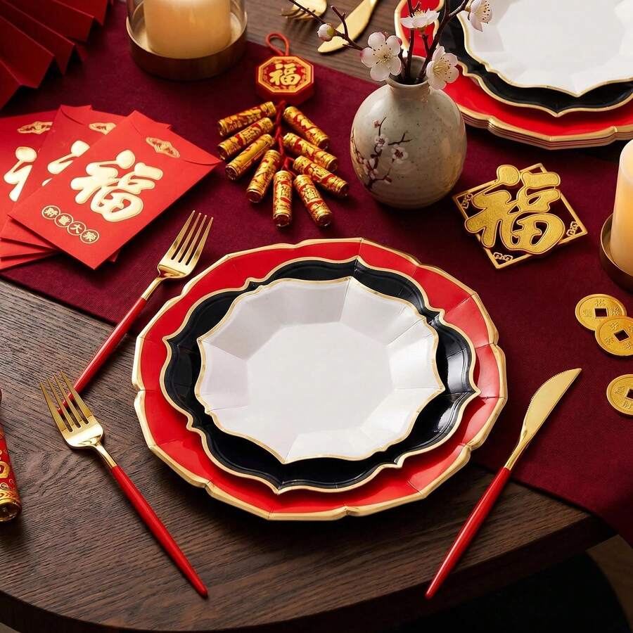 60pcs Chinese New Year Party Tableware Set, Happy Year Of The Rabbit 2026, Disposable Dinnerware, Spring Festival Decor Gift, Suitable For New Year's Eve, Serves 20 Guests (7inch+9inch+10inch)