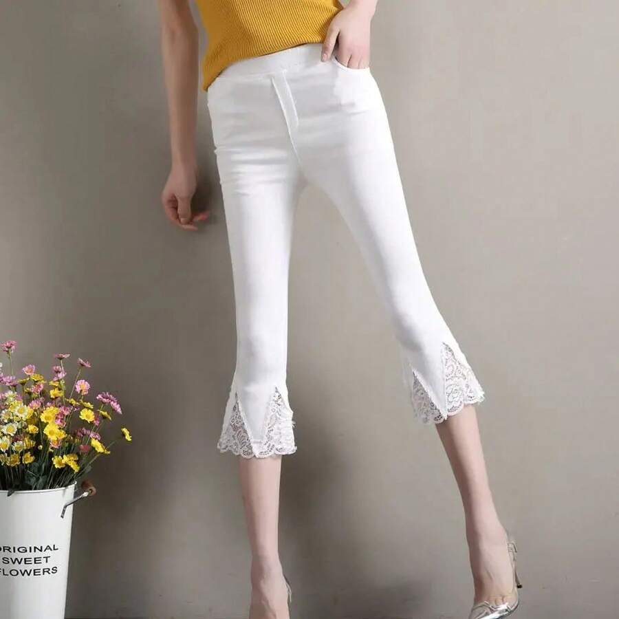 Pantalones Capris Acampanados para mujer, pantalones delgados de encaje de empalme fino, moda coreana, cintura alta elástica, pantalones casuales sólidos, ropa de verano - Blanco - Ver 1