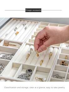 9pcs/1pc Velvet Jewelry Tray Large Capacity Jewelry Storage Box Accessory Tray Multi-Functional Storage Box With Independent Compartments, Stackable Jewelry Display Rack, Suitable For Earrings, Necklaces, Bracelets, Rings, Hair Clips, Hairbands, Etc. Valentine's Day/Back To School Season - Beige - View 5