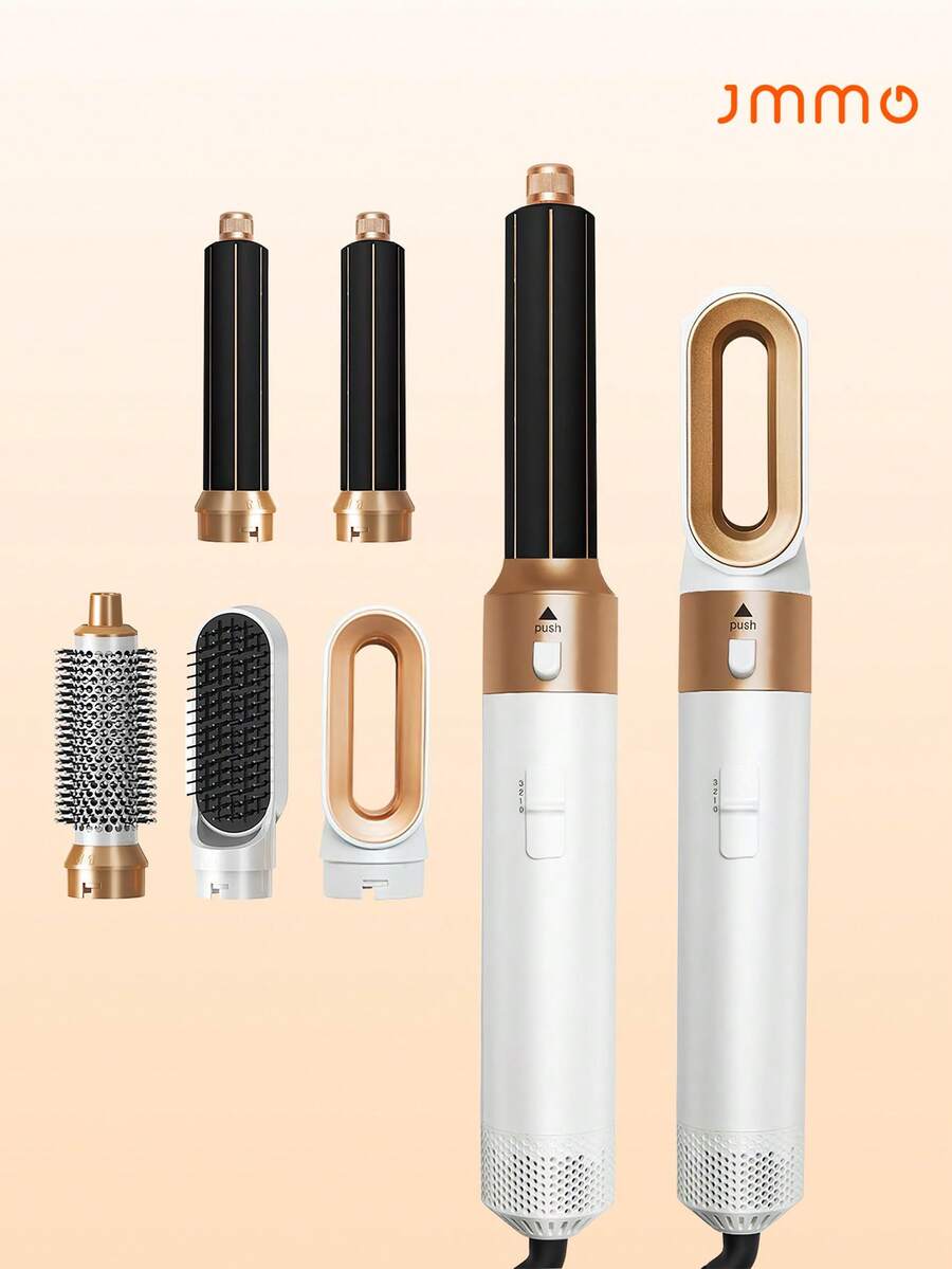 JMMO 5-In-1 Hot Air Styler & Hair Dryer - Ionic Detachable Brush | Touch-Up Voluminous Finish, Curling Iron & Straightener | Mother's Day & Perfect Halloween & Christmas Gift (White Gold/Grey Red) European Standard Plug