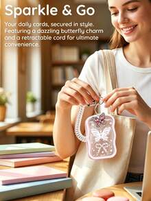 Pink Diamond Butterfly Pendant Card Holder With Pearl Chain, High-Quality Star Bow Transparent Wave Edge Design Card Case With Spring Cord And Buckle, Suitable For Student ID, Meal Card, Transit Card, Access Card, Bank Card And Other Cards, Scratch-Resistant And Shockproof, Suitable For Campus Commute, Daily Travel, Office Access, Gift For Friends, Girlfriend, Students, Birthday, Holiday, School Gifts - Multicolor - View 3