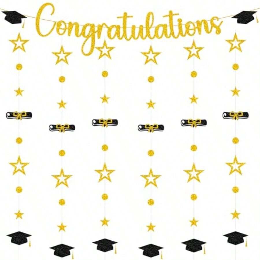 Graduation Decorations Class 2026 Grad - 7 Pcs Glitter Gold Congraduations Graduat Cap Banners Star Hanging Swirls Streamers Party Supplies For Senior High School College Congrats Decor - Vàng - Xem 1