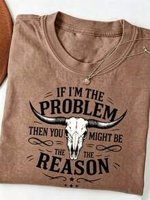 Unisex Washed Distressed T-Shirt Cotton Blend Casual Oversized Tee.Women'S Washed T-Shirt "If I Am Problem, Then You May Be The Reason" |   Western Retro Bullhead Pattern, Country Music Concert Shirt, Soft Retro Crew Neck, Summer Casual Top,Valentine Outfits For Women,Valentine's Day Gift,St. Patrick's Day Outfits,Women's Washed Distressed T-Shirt - 咖啡棕 - 查看 1