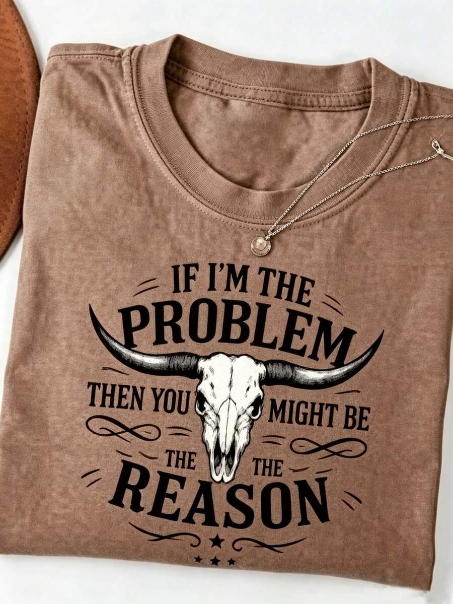 Unisex Washed Distressed T-Shirt Cotton Blend Casual Oversized Tee.Women'S Washed T-Shirt "If I Am Problem, Then You May Be The Reason" |   Western Retro Bullhead Pattern, Country Music Concert Shirt, Soft Retro Crew Neck, Summer Casual Top,Valentine Outfits For Women,Valentine's Day Gift,St. Patrick's Day Outfits,Women's Washed Distressed T-Shirt - 咖啡棕 - 查看 1