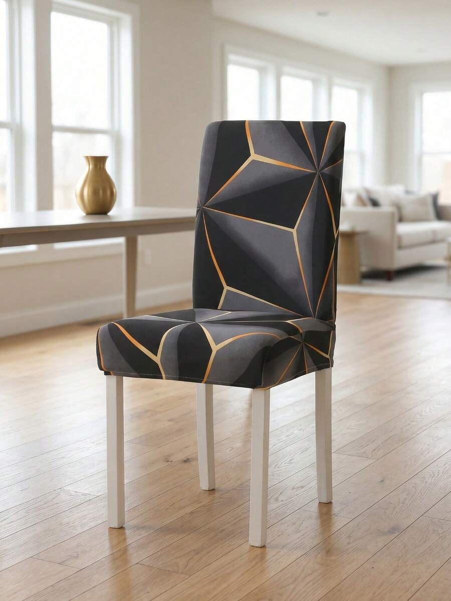 1/4 chiếc bọc ghế in họa tiết hình học co giãn, bọc ghế bằng polyester, đệm ghế liền khối dùng trong khách sạn và gia đình, bọc tựa lưng, bọc ghế. - màu đen - Xem 1