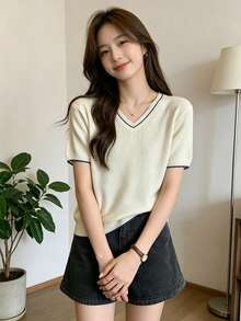 Casual V-Neck Short Sleeve Knit Top, Contrast Ribbed Slim Fit, Versatile For Daily Wear And Dates - Apricot - View 2