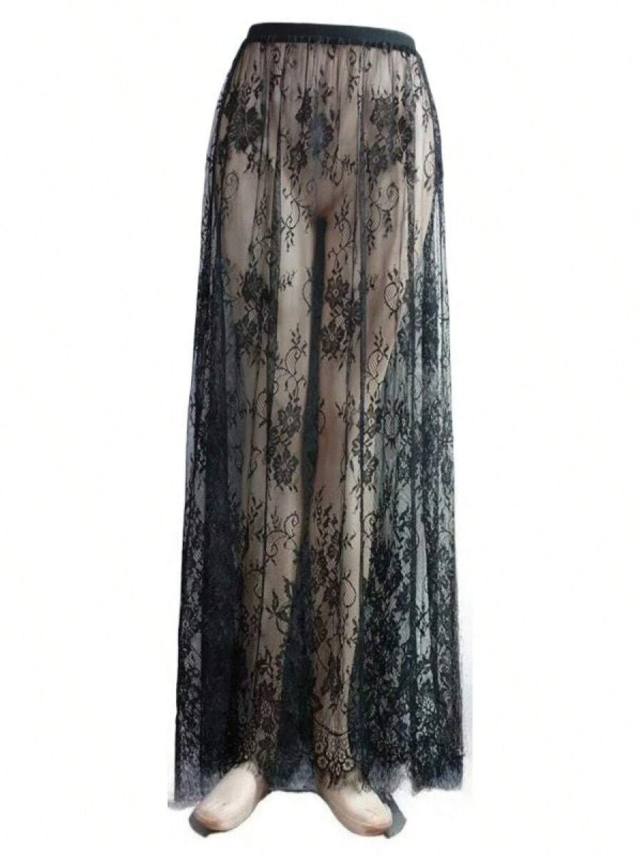 Primavera Verano mujeres Sexy Maxi faldas de encaje sólido alto cintura acampanada falda larga para mujeres Y2k negro faldas largas para mujeres - Encaje negro 100cm - Ver 1