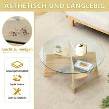 Round, Modern Side Table In Tempered Glass (Ø 80 Cm), With A Multifunctional Design. Fan-Shaped Base. MDF Legs With A Walnut Finish. Ideal For Dining Room, Living Room, Office, Etc. - Natural Color - View 6