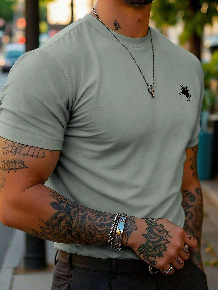 Minimalist Printed Short-Sleeved T-Shirt, Versatile And Casual For Men, Spring/Summer - Green - View 1