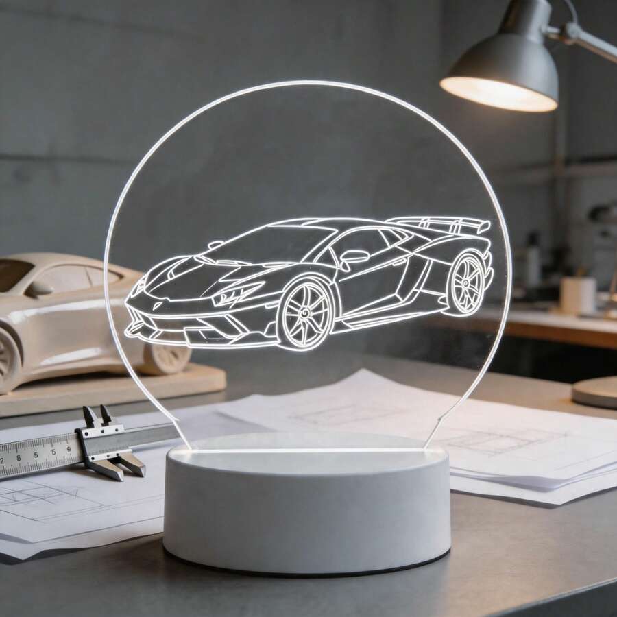 Lámpara de silueta de coche deportivo de acrílico 2D, luz de ambiente de mesita de noche con silueta de superdeportivo, lámpara de mesa para decoración de dormitorio, regalo creativo para entusiastas del automóvil, luz para dormir que cuida los ojos, alimentada por USB - Blanco - Ver 1