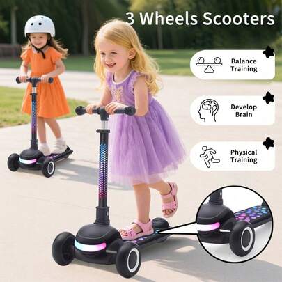 Piorlado Children's Scooter, Kick Scooter, Adjustable Height, Foldable, With Rear Brake & PU Wheels, Wide Deck Scooter For Kids Ages 3-10