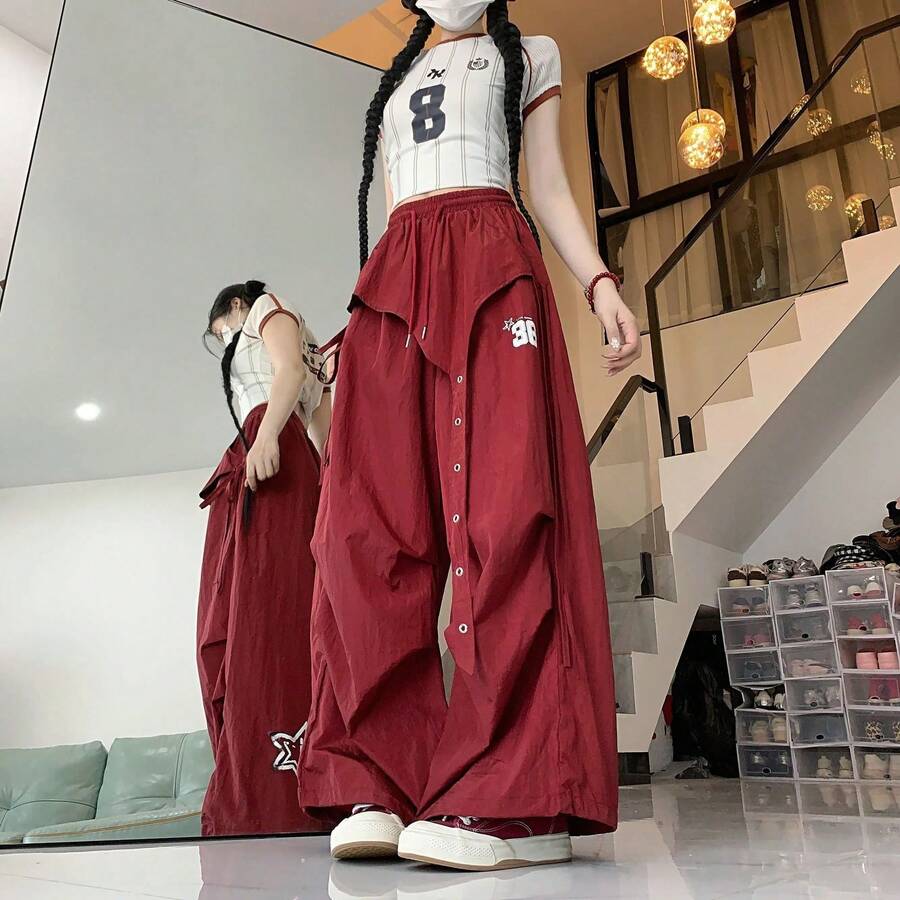 Pantalones de Trabajo de Secado Rápido Estilo Jazz para Mujer, Novedad de Otoño, Pantalones Casuales Hip Hop, Pantalones Larg... - vino tinto - Ver 1