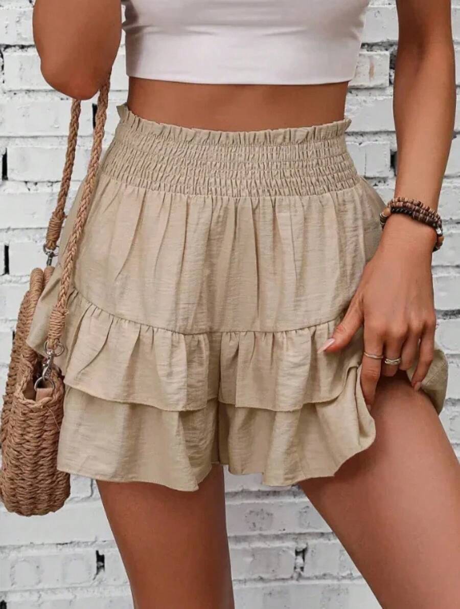 Nuevos pantalones cortos plisados de talla grande a la moda para mujer, pantalones cortos informales holgados con dobladillo con volantes, pantalones diarios versátiles - Caqui - Ver 1