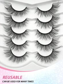 ENCHUW 5 paires de faux cils doux, épais, regard naturel, effet chat, effilés, faux cils moelleux et naturels - Noir - Voir 5