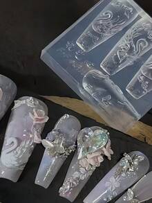 1个硅胶美甲模具，天鹅、玫瑰、蝴蝶结、窗帘造型，3D立体雕刻花朵设计，创意DIY美甲工具，美甲师必备 - 無色 - 查看 10