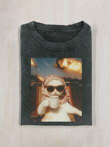 1pcsCute Cat Funny Graphic Graphic T-ShirtMen's Cotton T-Shirt, 230G Washed Short-Sleeve Suitable For Halloween, Christmas And Spring Festival Gifts - 黑色 32 - 查看 10