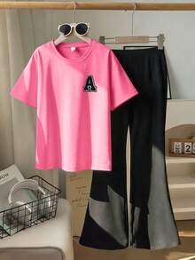 2pcs Tween Girl Letter A Print Short Sleeve T-Shirt And Flare Pants Set, Soft And Machine Washable, Spring/Summer - Hot Pink - View 2