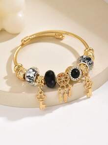 1 buah Gelang Wanita Stainless Steel Bentuk Kunci Penangkap Mimpi dengan Hiasan Berlian Imitasi dan Berbagai Pesona, Gelang Terbuka yang Dapat Disesuaikan, Cocok untuk Pemakaian Sehari-hari - Hitam - B1466 - View 3