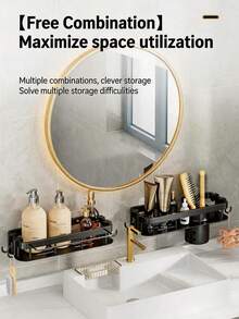 1pc Black No-Drill Bathroom Hollow Storage Rack With Hooks And Pen Holder, Wall-Mounted Drainage Shower Caddy For Back To School Season - Multicolor - View 1