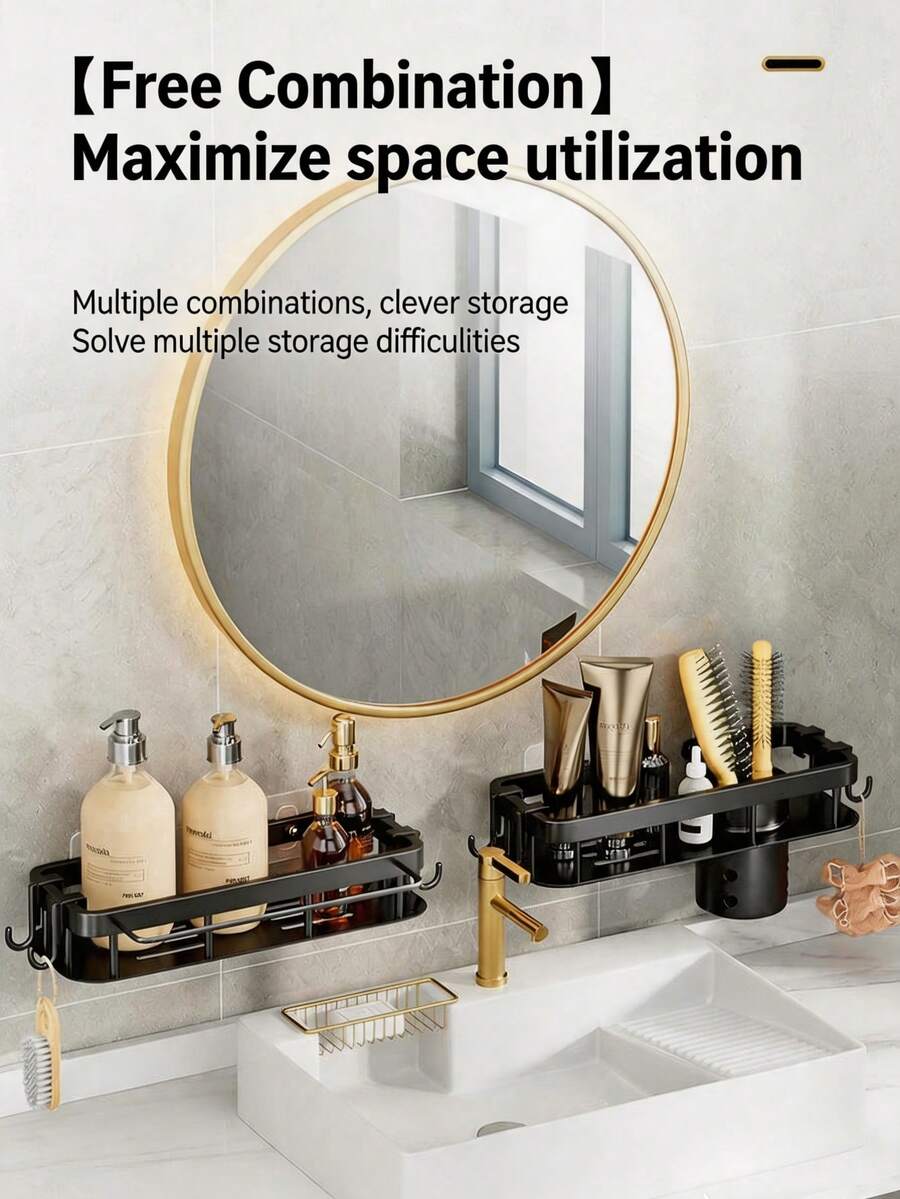 1pc Black No-Drill Bathroom Hollow Storage Rack With Hooks And Pen Holder, Wall-Mounted Drainage Shower Caddy For Back To School Season - Multicolor - View 1
