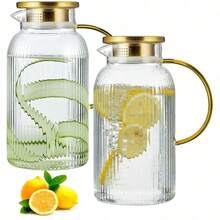 1PCS Glass Pitchers With Lids, 68oz/2L Classic Vertical Stripe Pitchers, Glass Pitchers With Handles, Suitable For Cold Brew Coffee, Lemonade, Iced Sun Tea And Other Beverages, Heat Resistant - Clear - View 7