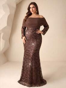[Cắt ngẫu nhiên] Đầm sequin tay dài lệch vai, eo thắt - màu nâu - Xem 1
