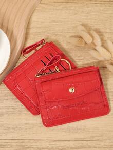 Red Crocodile Pattern Chain Keychain Card Wallet Purse, Mini Zip Around With Flap Multi-Card Slots, PU Leather Coin Pocket Unisex For Daily Use Travel, Compact Minimalist Accessory For Birthday Christmas Gift - Red - View 4