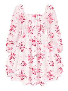 EXARUS Girls' Floral Print Square Neck Puffy Long Sleeve Pleated Waist Layered Ruffle Flowing A-Line Mini Skater Dress Casual Party Sun Dress For Teenagers 8-14 Years Old - 粉紅色大花 - 查看 1