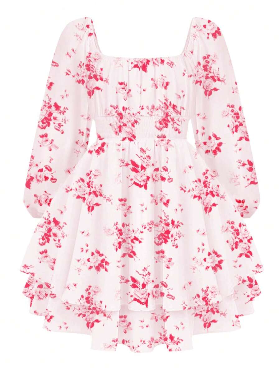 EXARUS Girls' Floral Print Square Neck Puffy Long Sleeve Pleated Waist Layered Ruffle Flowing A-Line Mini Skater Dress Casual Party Sun Dress For Teenagers 8-14 Years Old - 粉紅色大花 - 查看 1