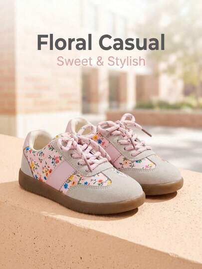 One Pair Of 2026 New-Style Girls' Colorful Floral Patterned Full-Print + Color-Matching Patchwork Upper + Easy-To-Clean Soft PU Material + Round-Toe All-Cover Low-Top Sports Shoes With Flat Bottom + Korean-Style Gentle Floral Style Girls' Versatile Casual Shoes, Suitable For Outdoor Play / School Commuting