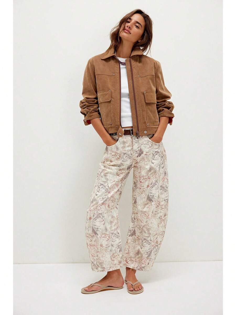 Vintage Floral Print Barrel-Shaped Jeans High-Waisted Wide-Leg Yellow Denim Trousers Vintage Y2K Style Casual Pants - 花貓 - 查看 1