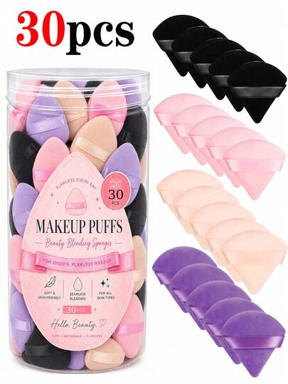 30pcs/12pcs/6pcs/3pcs/1pc Soft Triangle Makeup Sponge Puff, Designed For Men And Women, Dual-Use Dry & Wet, Soft Velvet Powder Puff With Finger Strap, Portable And Reusable, Suitable Size And Comfortable Grip, Applicable For Foundation, BB Cream, Sunscreen, Blush And Other Products. Can Be Used For Body Powder, Powder Cake, Loose Powder, Eye Shadow And Honey Powder When Dry, Makeup Beauty Tools