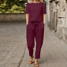 Conjunto casual de 2 piezas de unicolor para mujer, blusa de manga corta y pantalón largo de unicolor, uso diario elegante para el verano - Burdeos - Ver 5