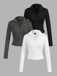 Set de 3 camisetas de manga larga con cremallera, de punto, en blanco y negro, de estilo minimalista y casual para mujer - Multicolor - Ver 12