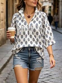 Blusa con cuello con volantes y mangas abullonadas con estampado floral diminuto, diseño de estilo campestre francés fresco, juvenil y vibrante para vacaciones - Azul y blanco - Ver 7