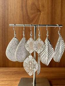 6 piezas Pendientes geométricos versátiles con hojas y gotas de agua, adecuados para cualquier ocasión - Plateado - Ver 5